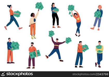 People with money. Cartoon concept of characters holding dollar cash and coins. Men and women standing in various poses. Business investment. Financial profit. Lottery winner. Vector rich persons set. People with money. Cartoon characters holding cash and coins. Men and women standing in various poses. Business investment. Financial profit. Lottery winner. Vector rich persons set
