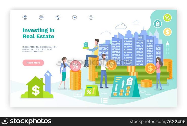 People with money investing in real estate vector, woman and man with coins and infocharts, banking and profit out of construction of houses. Website or webpage template, landing page flat style. Investing in Real Estate, Investors and Finance