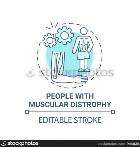 People with muscular distrophy blue concept icon. Pulmonary rehab abstract idea thin line illustration. Muscle weakness, loss. Genetic disorder. Vector isolated outline color drawing. Editable stroke. People with muscular distrophy blue concept icon