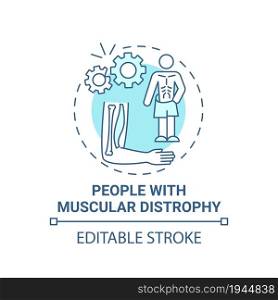 People with muscular distrophy blue concept icon. Pulmonary rehab abstract idea thin line illustration. Muscle weakness, loss. Genetic disorder. Vector isolated outline color drawing. Editable stroke. People with muscular distrophy blue concept icon