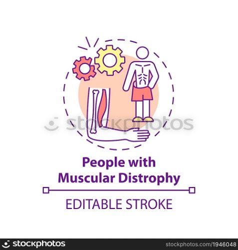 People with muscular distrophy concept icon. Pulmonary rehab abstract idea thin line illustration. Muscle weakness and loss. Genetic disorder. Vector isolated outline color drawing. Editable stroke. People with muscular distrophy concept icon