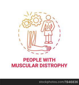 People with muscular distrophy red gradient concept icon. Pulmonary rehab abstract idea thin line illustration. Muscle weakness, loss. Genetic disorder. Vector isolated outline color drawing. People with muscular distrophy red gradient concept icon