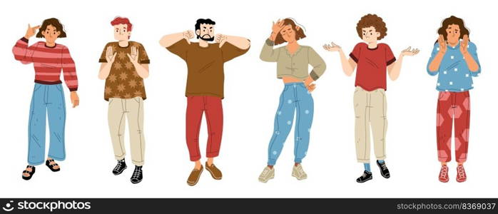 People with negative emotions and gestures of stop, rejection, denial. Diverse anxiety and angry characters show thumb down, disagree and ignore, isolated on white background, vector flat illustration. People with negative emotions and gestures