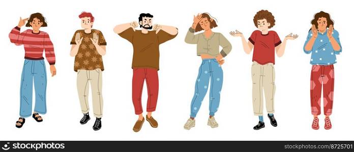 People with negative emotions and gestures of stop, rejection, denial. Diverse anxiety and angry characters show thumb down, disagree and ignore, isolated on white background, vector flat illustration. People with negative emotions and gestures