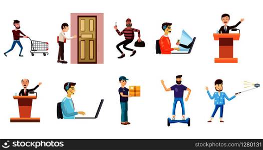 People with object icon set. Cartoon set of people with object vector icons for web design isolated on white background. People with object icon set, cartoon style