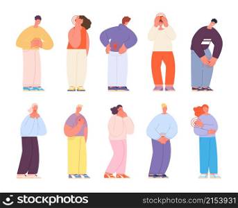 People with pain. Body pains characters, chaes neck or headache. Sick patient, stomach and spine ache. Adult health, sad person vector set. Illustration pain and sick, person with headache or injury. People with pain. Body pains characters, chaes neck or headache. Sick patient, stomach and spine ache. Adult health, sad person trauma utter vector set