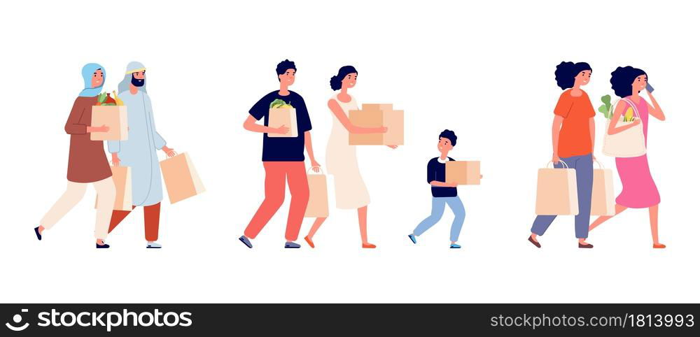 People with paper bags. Zero waste family, shopping time. Man woman holding cardboard boxes and packs vector set. People with eco zero waste, reuse package biodegradable illustration. People with paper bags. Zero waste family, shopping time. Man woman holding cardboard boxes and packs vector set