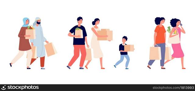 People with paper bags. Zero waste family, shopping time. Man woman holding cardboard boxes and packs vector set. People with eco zero waste, reuse package biodegradable illustration. People with paper bags. Zero waste family, shopping time. Man woman holding cardboard boxes and packs vector set