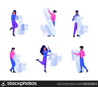 People with papers. Checklists business documents persons subscribe contracts partnership characters enterpreneurs vector templates in style. Illustration of businessman with paperwork or checklist. People with papers. Checklists business documents persons subscribe contracts partnership characters enterpreneurs garish vector templates in flat style