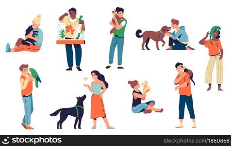 People with pets. Animals and happy loving owners, men and women characters hugging and playing with dog, cat, parrot and bunny, best friends vector set. People with pets. Animals and happy loving owners, men and women characters hugging and playing with dog, cat, parrot and bunny, vector set