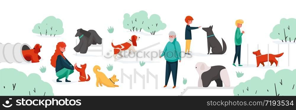 People with pets at park. City park area with cartoon characters training their home animals. Vector man woman children outdoor activity playing with dogs. People with pets at park. City park area with cartoon characters training their home animals. Vector outdoor activity with dogs