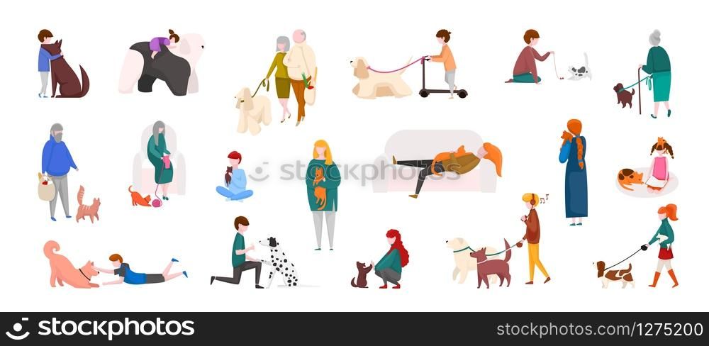People with pets. Diverse cartoon characters walking, playing and running with cats and dogs. Vector isolated domestic animals and people outdoors set. People with pets. Diverse cartoon characters walking, playing and running with cats and dogs. Vector domestic animals and people set