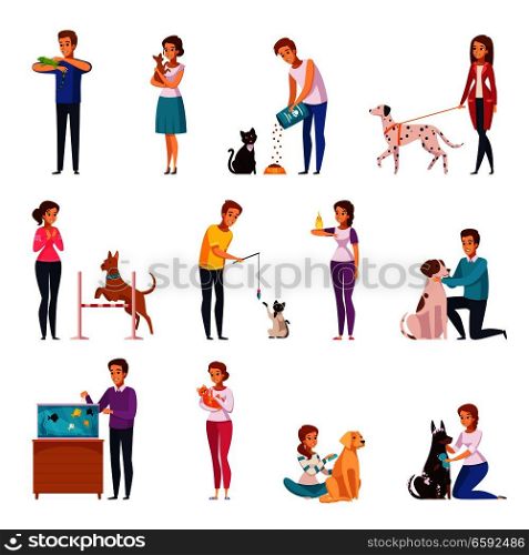 People with pets isolated icons set of owners training feeding playing grooming their pets and walking with them cartoon vector illustration     . People With Pets Cartoon Set
