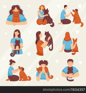 People with pets. Set of vector illustrations in cartoon style. Men and women with cats and dogs. Love and friendship with animals. Vet clinic