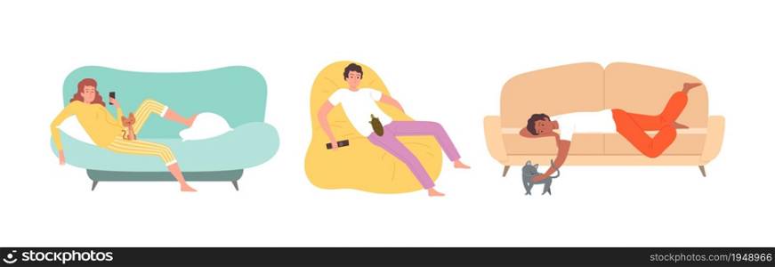 People with pets. Woman on sofa with kitten, boy on chair with turtle. Lazy teens with gadgets vector illustration. Woman with kitten, man on sofa interior. People with pets. Woman on sofa with kitten, boy on chair with turtle. Lazy teens with gadgets vector illustration