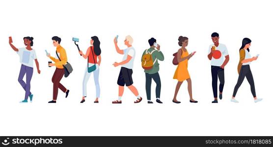 People with phones. Different ages men and women talking, taking pictures and selfie, listen music on move, social communication by smartphone vector set. People with phones. Different ages men and women talking, taking pictures and selfie, listen music on move, social communication. Vector set