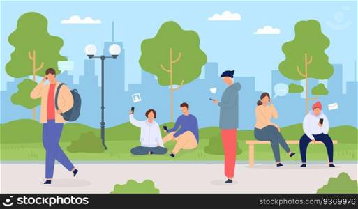 People with phones in city. Men and women in park using gadgets. Crowd in town nature. Characters with mobile technology vector flat concept. Freelancers with smartphones outside on fresh air. People with phones in city. Men and women in park using gadgets. Crowd in town nature. Characters with mobile technology vector flat concept