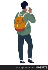 People with phones. Man talking on phone, young boy with backpack back view, social communication, using gadget and electronic device. Teenager with smartphone vector cartoon isolated illustration. People with phones. Man talking on phone, young boy with backpack back view, social communication, using gadget and electronic device. Teenager with smartphone vector illustration