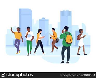 People with phones on street. Women and men in city use gadgets in motion, chatting and calling, casual urban characters and smartphon vector concept. People with phones on street. Women and men in city use gadgets in motion, chatting and calling, casual urban characters vector concept
