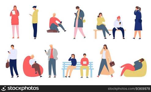 People with phones. Young men and women with smartphone standing and sitting. Mobile society group use device for chat and text, vector set. Girl and boy sitting on bench with gadget. People with phones. Young men and women with smartphone standing and sitting. Mobile society group use device for chat and text, vector set