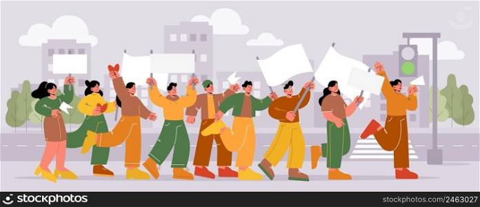 People with placards and banners protest on rally demonstration. Characters with red hearts, flags and signs crossing road at city street. Activists crowd picketing, Line art flat vector illustration. People with placards and banners protest strike