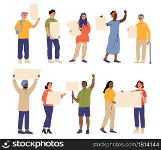 People with placards. Protest characters, male women protesters hold banners. Isolated cartoon activist, demonstration persons vector set. Illustration woman and male demonstration. People with placards. Protest characters, male women protesters hold banners. Isolated cartoon activist, demonstration persons vector set