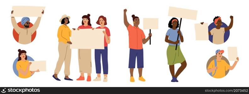 People with placards. Protesters avatars, women rights or feminism. Diverse multicultural characters hold blank posters vector set. Feminist power, equality gender protester illustration. People with placards. Protesters avatars, women rights or feminism. Diverse multicultural characters hold blank posters vector set