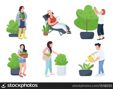 People with plants, gardeners and botanists flat color vector faceless characters set. Flower bed watering, bush trimming, greenery care isolated cartoon illustrations on white background