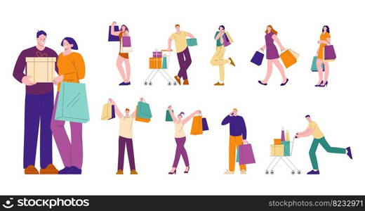 People with purchases from store. Shopping woman with box and bags. Supermarket customer run for sale. Kicky active retail buyers vector flat characters buyer woman, purchase and retail illustration. People with purchases from store. Shopping woman with box and bags. Supermarket customer run for sale. Kicky active retail buyers vector flat characters