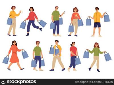 People with purchases. Shopping bag, shop guy and female buying on crazy sale. Isolated shopper character, happy person in retail vector set. Guy and woman in retail with purchase illustration. People with purchases. Shopping bag, shop guy and female buying on crazy sale. Isolated shopper character, happy person in retail vector set