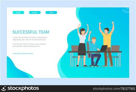 People with rising hands reach success, group of man and woman progressing together. Worker sitting on chair at desktop with laptop, office vector. Website or webpage template, landing page flat style. Successful Team, Reach Success Blue Webpage Vector