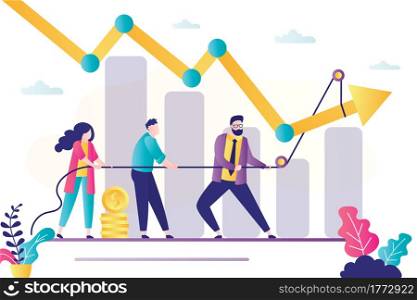 People with rope raise falling chart. Increase in profit and income. Businesspeople working together. Crisis management. Teamwork, office workers or employees. Trendy flat vector illustration. People with rope raise falling chart. Increase in profit and income. Businesspeople working together. Crisis management. Teamwork