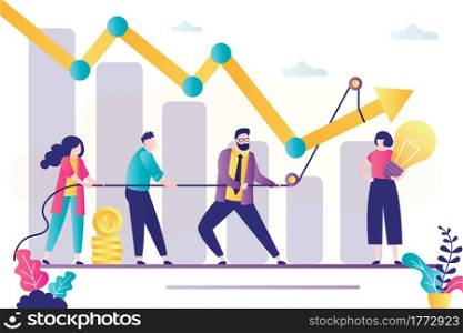 People with rope raise falling chart. Increase in profit and income. Businesspeople working together. Crisis management. Teamwork and brainstorming. Female employee with new idea. Vector illustration. People with rope raise falling chart. Increase in profit and income. Businesspeople working together. Crisis management. Teamwork and brainstorming.