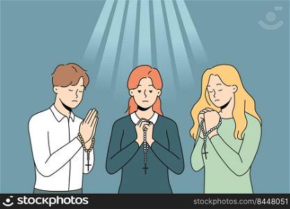 People with rosary praying to go asking for good fate. Religious superstitious believers show faith and belief. Religion and prayer. Vector illustration.. People with rosary praying