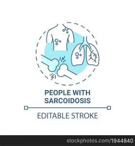 People with sarcoidsis blue concept icon. Pulmonary rehabilitation abstract idea thin line illustration. Lungs and skin bumps. Chronic disease. Vector isolated outline color drawing. Editable stroke. People with sarcoidsis blue concept icon