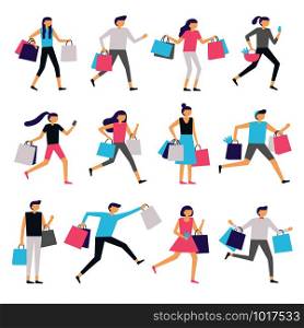 People with shopping bags. Shopaholic man and excited woman carrying bag. Happy people buy presents, clothes or food on shop, supermarket store sale vector characters isolated icons set. People with shopping bags. Shopaholic man and excited woman carrying bag. Happy people buy presents on sale vector characters set