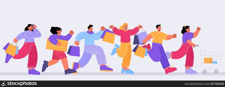 People with shopping cart and bags run to store. Vector flat illustration of group of happy men and women rush to purchases. Concept of discount in mall, black friday sale. People with shopping cart and bags run to store