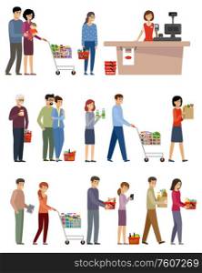 People with shopping carts and basket with food. Vector flat illustration