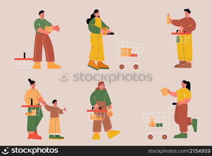 People with shopping carts and baskets in supermarket. Vector flat set of persons with purchases and shop trolleys in store. Women and men buying food and grocery. People with shopping carts and baskets in store