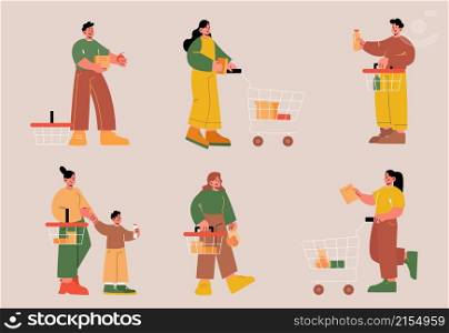 People with shopping carts and baskets in supermarket. Vector flat set of persons with purchases and shop trolleys in store. Women and men buying food and grocery. People with shopping carts and baskets in store