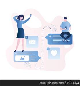 People with smart gadgets,online talking and chatting,social network,web signs and speech bubbles,trendy style vector illustration