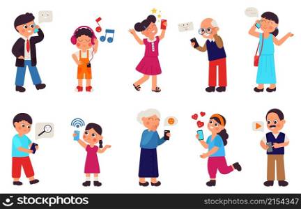 People with smartphone. Adult children using phones, gadget addiction. Person talking and chatting, mobile messenger use or find wifi vector set. Illustration adult character and kids using smartphone. People with smartphone. Adult children using phones, gadget addiction. Person talking and chatting, mobile messenger use or find wifi decent vector set