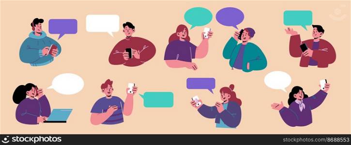 People with smartphones and speech bubbles. Young men and women using gadgets for chatting and texting to friends. Characters communicating use internet technologies, Line art flat vector illustration. Young people with smartphones and speech bubbles