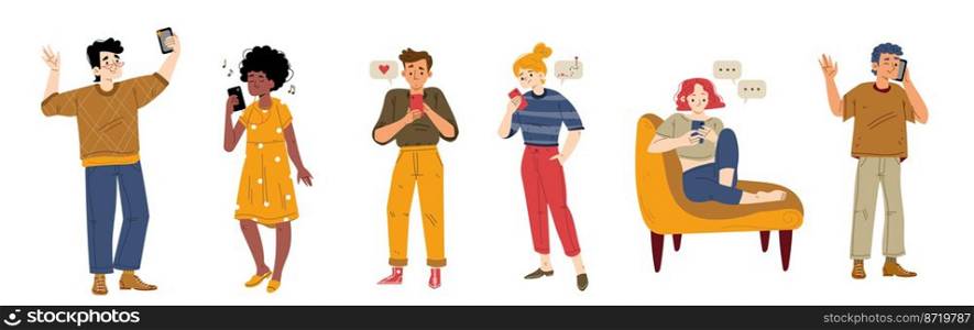 People with smartphones, gadget communication. Men and women with mobile phones call, send love messages, chatting, texting, reading news, listen music, shoot selfie, Line art flat vector illustration. People with smartphones, gadget communication