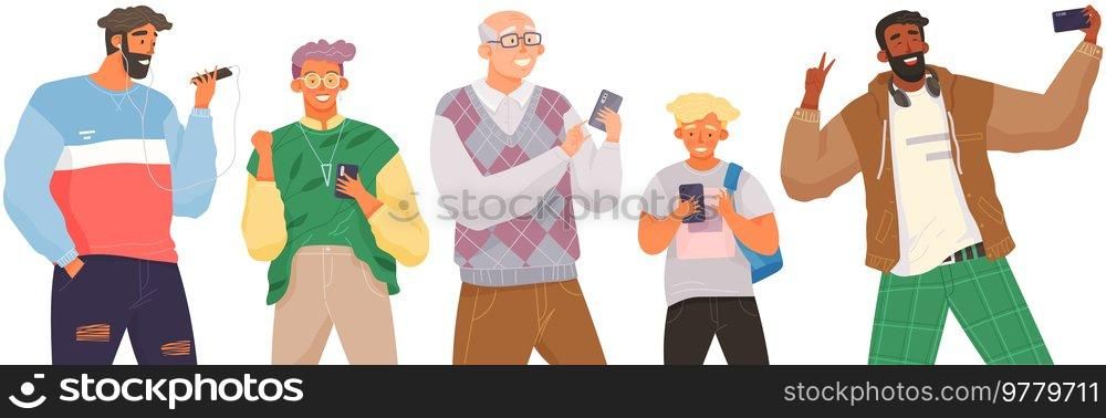 People with smartphones isolated on white background. Male characters using mobile device to chat, listen to music and broadcast online via internet. Men use technology, electronic gadgets, headphones. Male characters using mobile device to chat, listen to music and broadcast online via internet