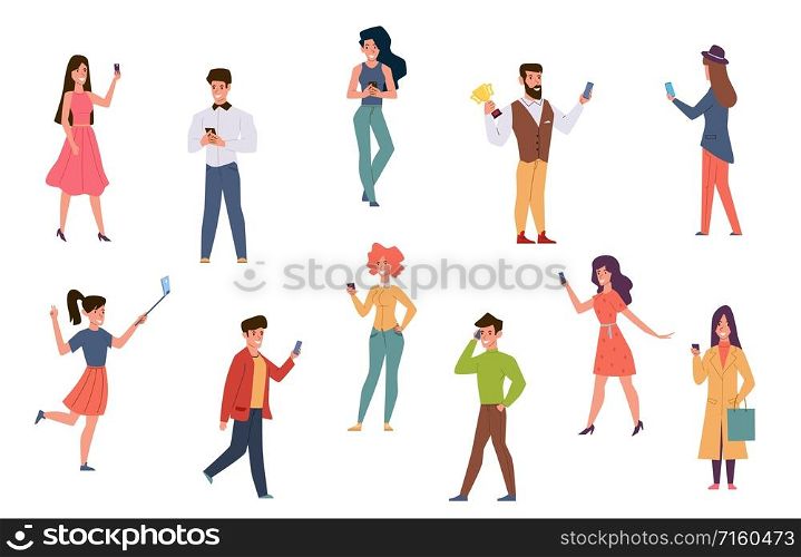 People with smartphones. Men and women talking on phone, checking social media texting. Catch wifi signal taking selfie cartoon characters using mobile technology vector. People with smartphones. Men and women talking on phone, checking social media texting. Catch wifi signal taking selfie cartoon characters vector
