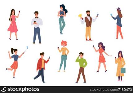 People with smartphones. Men and women talking on phone, checking social media texting. Catch wifi signal taking selfie cartoon characters using mobile technology vector. People with smartphones. Men and women talking on phone, checking social media texting. Catch wifi signal taking selfie cartoon characters vector