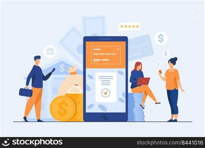 People with smartphones using mobile banking app. Man and woman with digital devices making online payment. Vector illustration for money, fintech, transaction concept