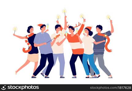 People with sparklers. Friend night party, christmas company on corporate festive. Group men woman celebrating new year vector illustration. Party night celebrate, christmas celebration happy. People with sparklers. Friend night party, christmas company on corporate festive. Group men woman celebrating new year vector illustration
