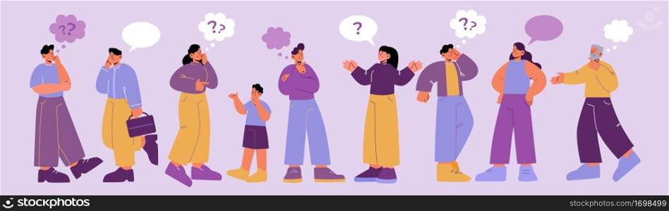 People with speech bubbles and questions, curious and thoughtful characters conversation. Men, women and kids ask, share impressions, talking to friends or colleagues Line art flat vector illustration. People with speech bubbles and questions, asking